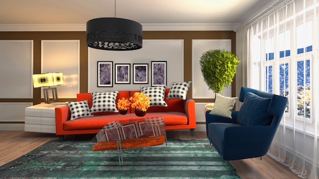 Ilustración del sofá de gravedad cero flotando en la sala de estar