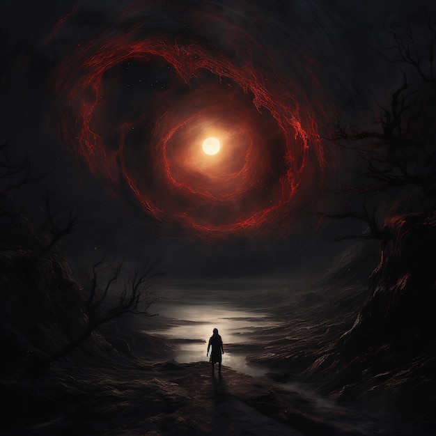 Ilustración del sol detrás del agujero negro al estilo de fantasía.