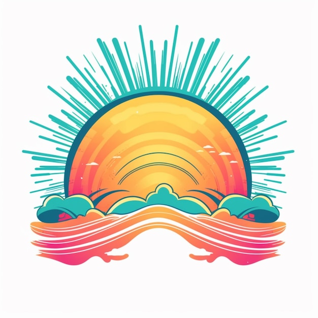 Foto ilustración de un sol que se levanta sobre un mar con olas generativas ai