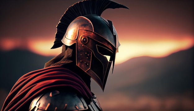 Ilustración de soldado espartano con casco y campo de batalla en segundo plano IA generativa