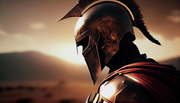 Ilustración de soldado espartano con casco y campo de batalla en segundo plano IA generativa