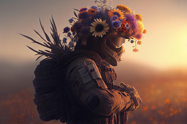 Ilustración de soldado en uniforme sosteniendo un ramo de flores al atardecer AI