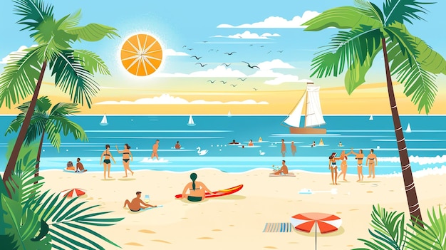 Ilustración de una soleada playa tropical con personas disfrutando de un día junto al mar