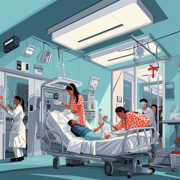 Ilustración de solución salina y emergencia en el hospital