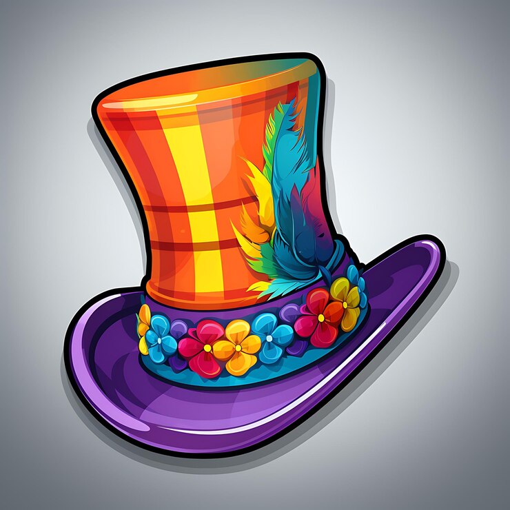 Foto ilustración de un sombrero de color con plumas y flores