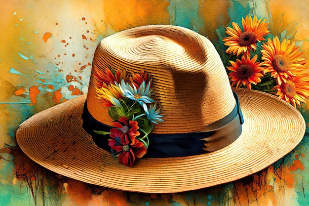 Ilustración de sombrero de verano con flores y salpicaduras de pintura en el fondo