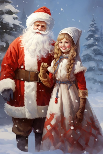 Ilustración de la sonriente doncella de nieve y el gracioso Papá Noel