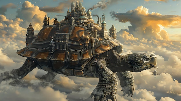 Una ilustración steampunk de una tortuga gigante con una ciudad en la espalda