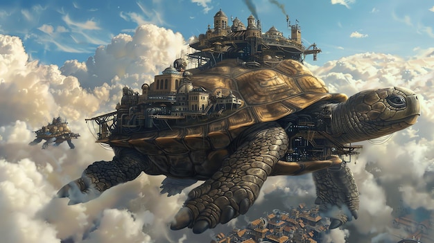 Una ilustración steampunk de una tortuga gigante con una ciudad en la espalda