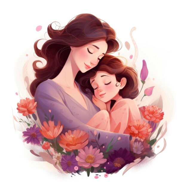 Ilustración suave y linda de una madre acurrucada con su hija