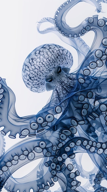 Ilustración submarina de pulpo aislada en fondo blanco generada por la IA Tonos azules de calamar Kraken tentáculo de mariscos frescos