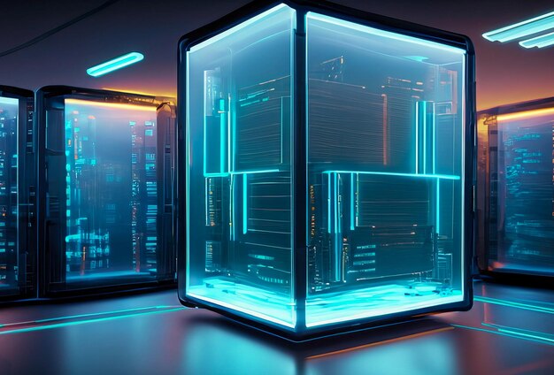 Ilustración de una supercomputadora futurista moderna y espaciosa con cajas cuadradas de vidrio transparente y n