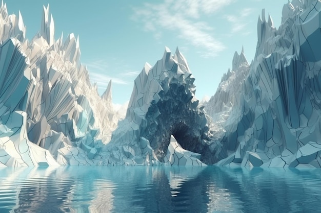 Una ilustración surrealista de una formación natural distorsionada o manipulada, como un glaciar o un fiordo.