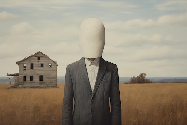 Ilustración surrealista de un hombre sin rostro con traje en un campo en el contexto de una casa abandonada
