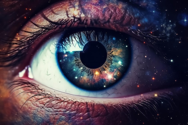 Ilustración surrealista del ojo del universo Visión de la galaxia Ojo que todo lo ve orden cósmico guía espiritual