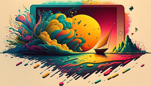ilustración de una tableta con un paisaje colorido y un barco de vela generativo ai