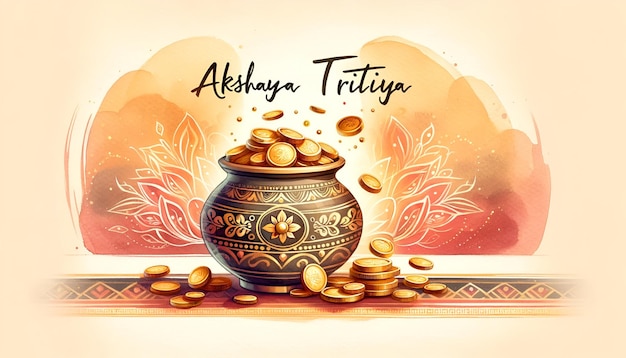 Ilustración de tarjeta de acuarela Akshaya Tritiya con una olla adornada con monedas de oro