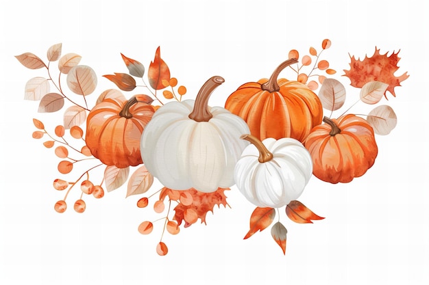Ilustración de la tarjeta de felicitación de Acción de Gracias Fondo blanco naranja y calabazas blancas hojas florales en