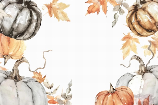 Ilustración de la tarjeta de felicitación de Acción de Gracias Marco de otoño de acuarela con calabazas fondo blanco apagado
