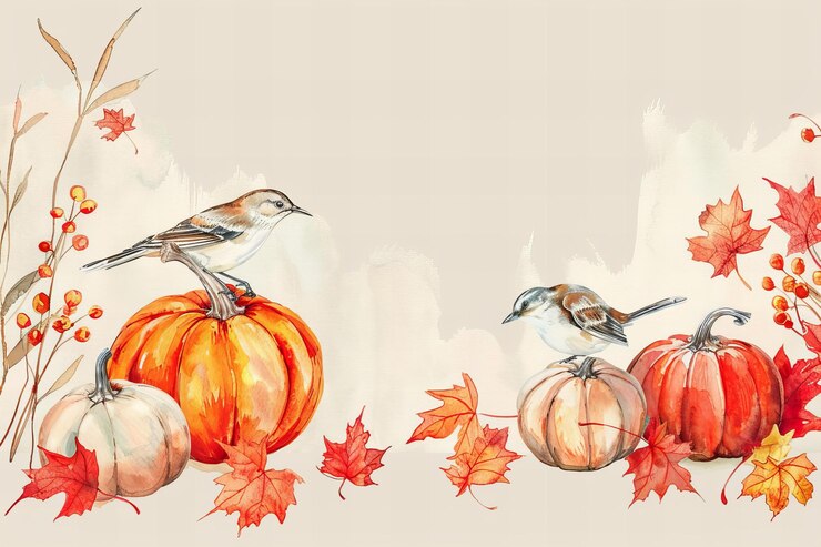 Ilustración de la tarjeta de felicitación de Acción de Gracias Pintura en acuarela de calabazas y hojas de otoño con pájaros o