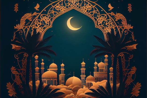 Ilustración de tarjeta de felicitación con mezquita y marco de media luna