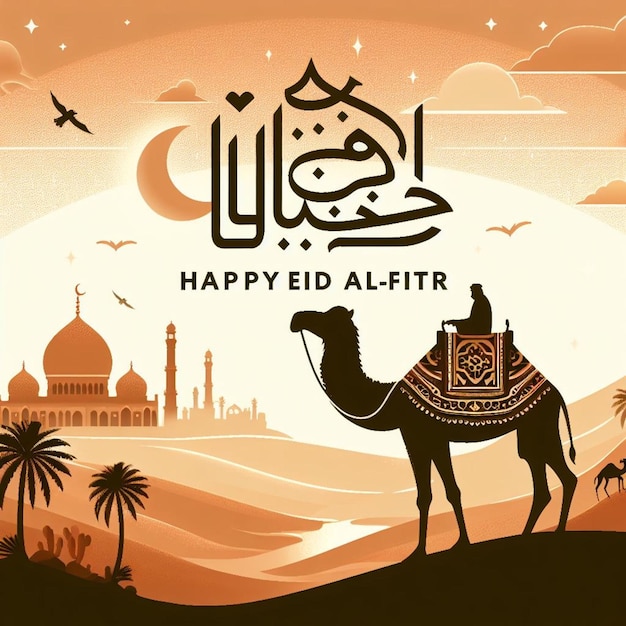 Ilustración de una tarjeta de felicitación con el texto feliz Eid al-Fitr con la silueta de un camello y t