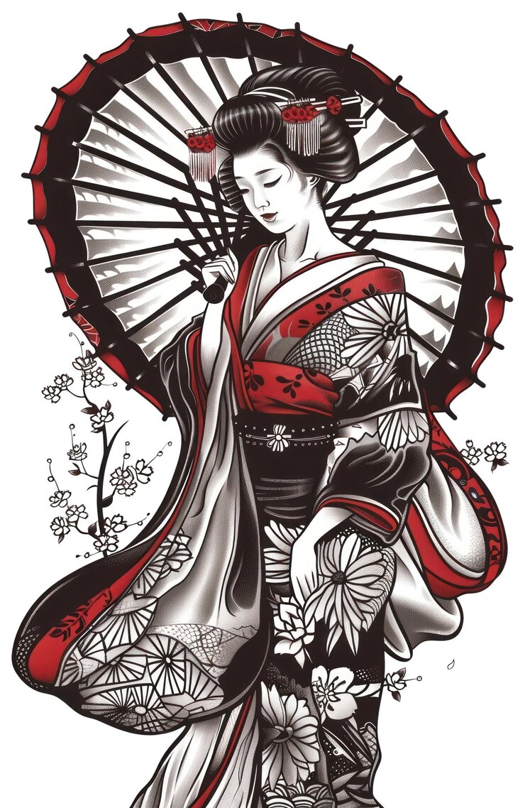 Foto ilustración de tatuaje de png de una geisha de ropa de moda