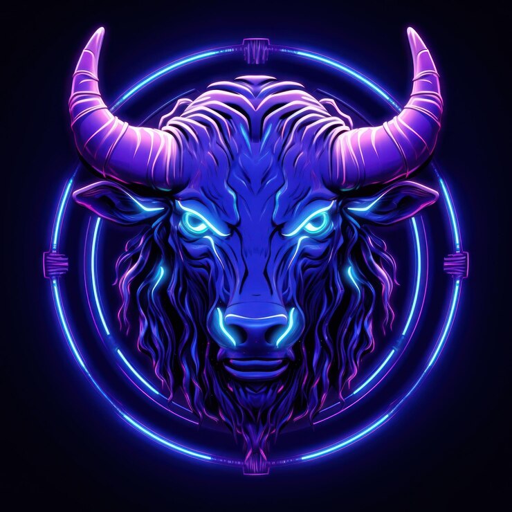 Foto ilustración tauro zodíaco borde de neón bufón púrpura claro mamífero