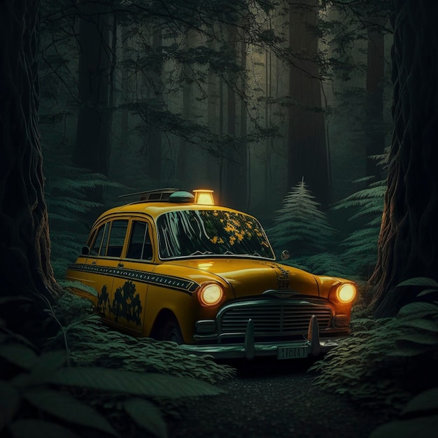 Ilustración de un taxi amarillo en medio de la jungla oscura con bosque verde