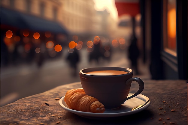 Ilustración de taza de café con croissant en street cafe AI