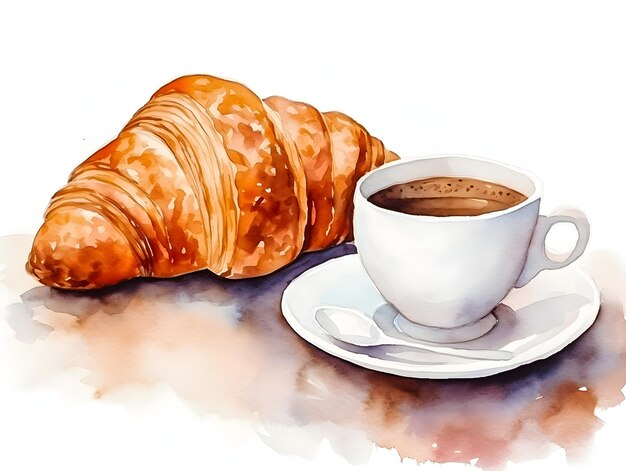 Ilustración de una taza de café con croissant