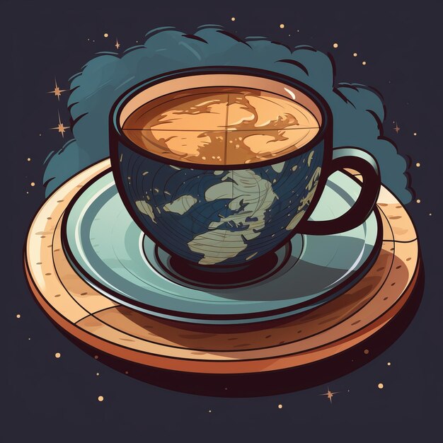 una ilustración de una taza de café con la tierra sobre ella