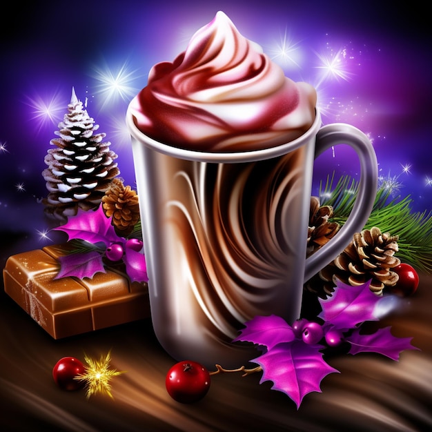 Foto ilustración de una taza de chocolate caliente con crema batida y decoraciones navideñas