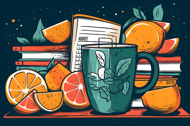 Una ilustración de una taza de naranjas y un libro.