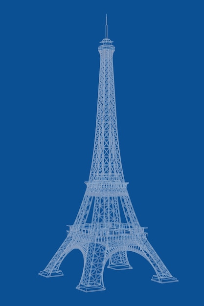 Ilustración técnica del plano de la Torre Eiffel estilo estructura de alambre sobre un fondo azul. Representación 3D