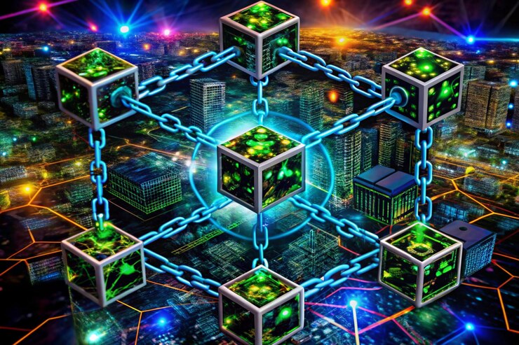 Foto ilustración de la tecnología blockchain y las redes de criptomonedas