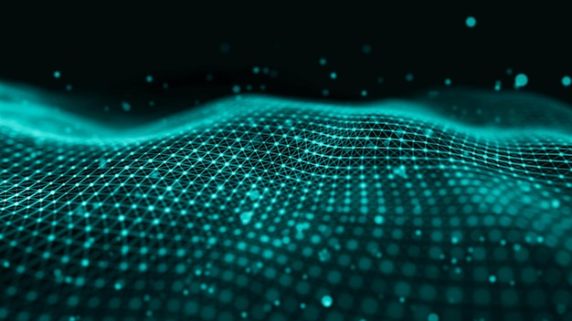 Ilustración de tecnología de datos Ola con puntos y líneas de conexión en fondo oscuro Ola de partículas renderización 3D