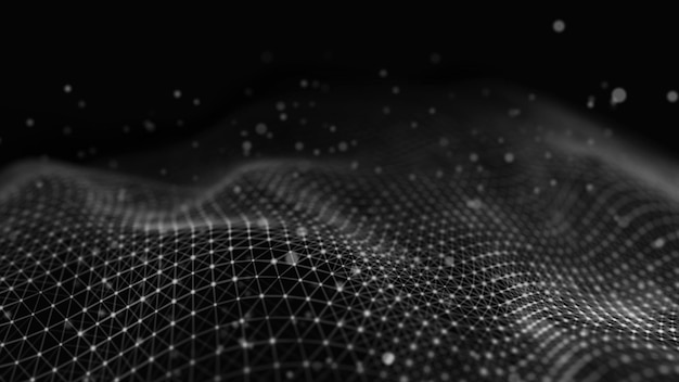 Ilustración de tecnología de datos Ola con puntos y líneas de conexión en fondo oscuro Ola de partículas renderización 3D
