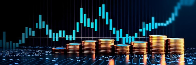 Ilustración de tecnología y finanzas Fondo de moneda 3D que representa el crecimiento y el éxito del mercado