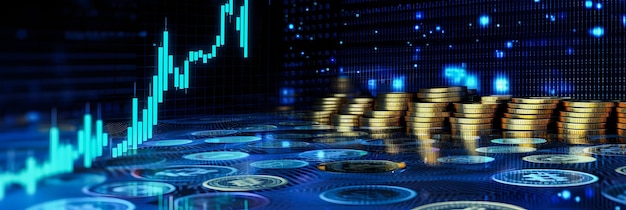 Ilustración de tecnología y finanzas Fondo de moneda 3D que representa el crecimiento y el éxito del mercado