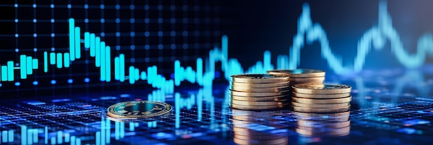 Ilustración de tecnología y finanzas Fondo de moneda 3D que representa el crecimiento y el éxito del mercado