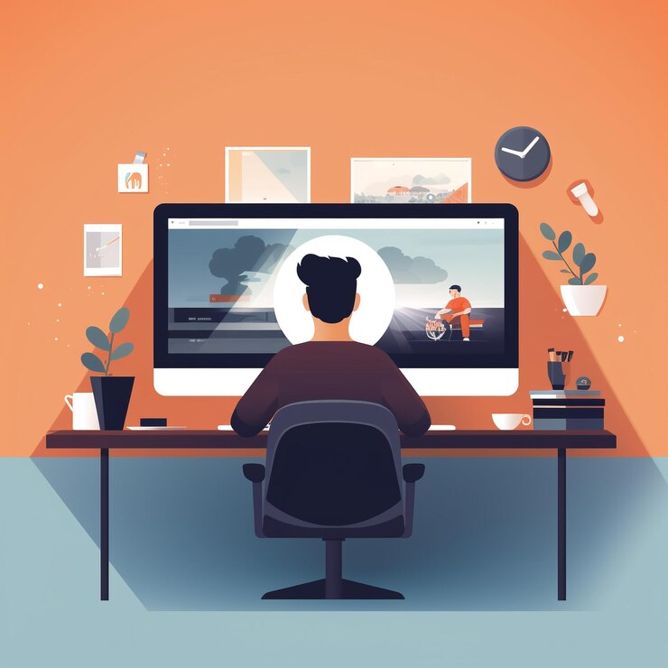 Foto ilustración de tecnología minimalista simple hombre editando video en un escritorio