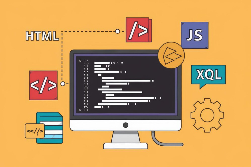 Ilustración de tecnologías de desarrollo web como HTML CSS JS y XQL ...