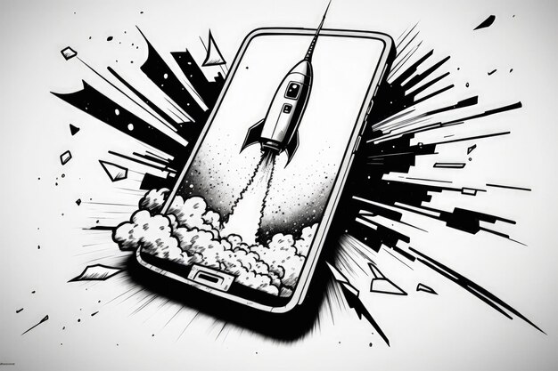 Ilustración de teléfono celular con estilo de boceto de color blanco y negro cohete IA generativa