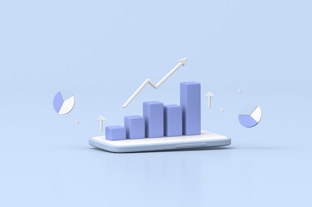 Ilustración de teléfono inteligente con gráfico de negociación de acciones, gráfico de estrategia creciente, concepto de negocio. Representación 3D.