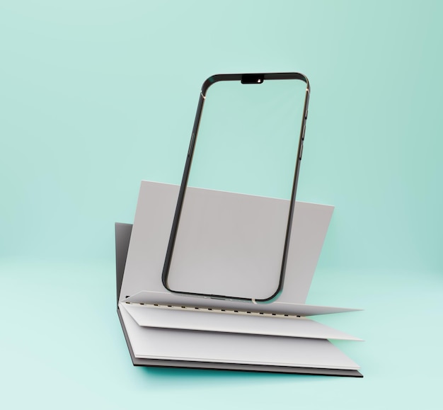 Ilustración de un teléfono móvil transparente con un libro abierto