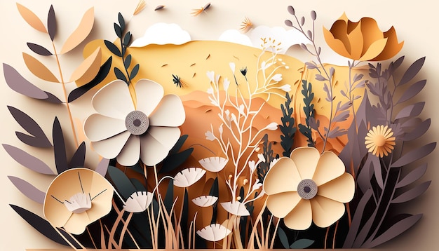 Ilustración del tema Flores silvestres en corte de papel IA generativa