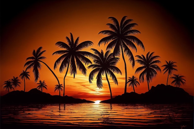 Ilustración de tema tropical de neón con palmera y ai floral exótico
