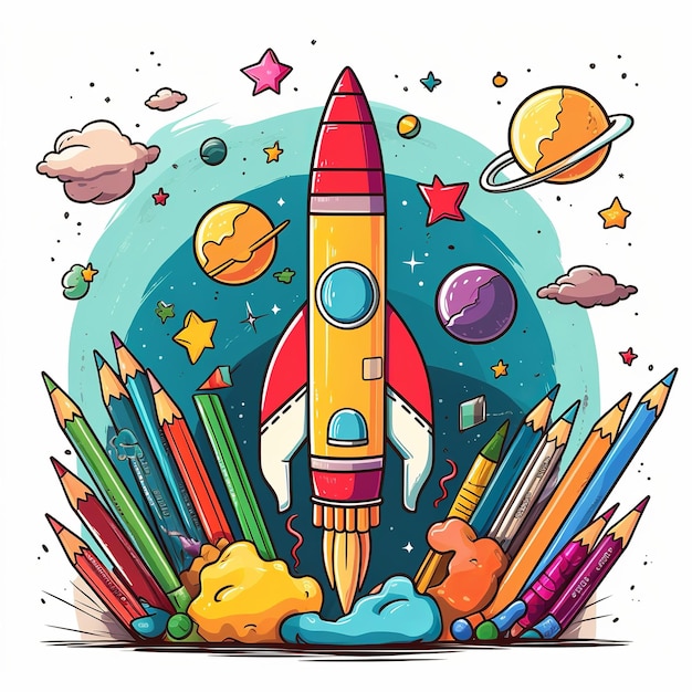 Foto ilustración del tema de la vuelta a la escuela con un cohete dibujado a mano y color