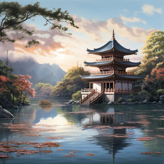 Ilustración de un templo cálido y tranquilo